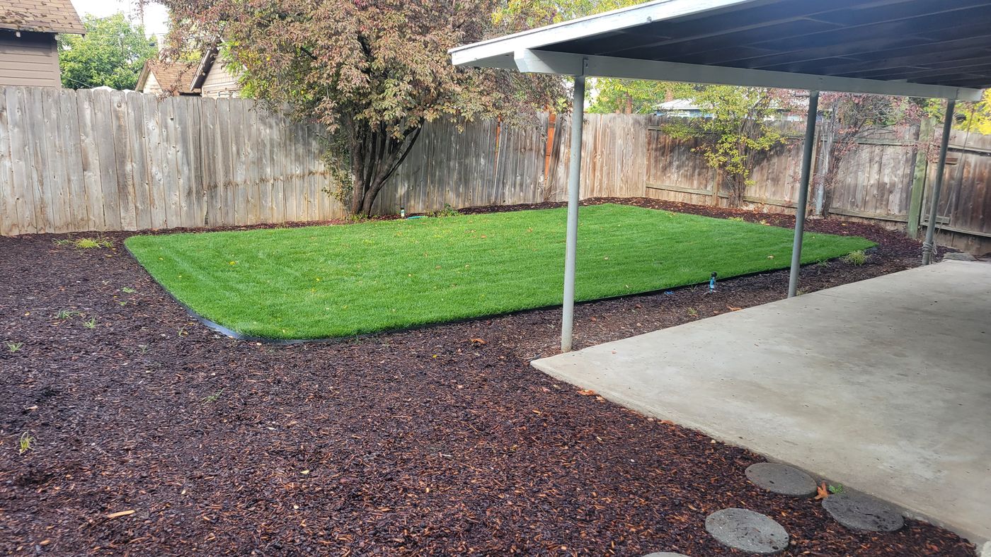 Backyard of the Medford house with a new lawn and a covered patio